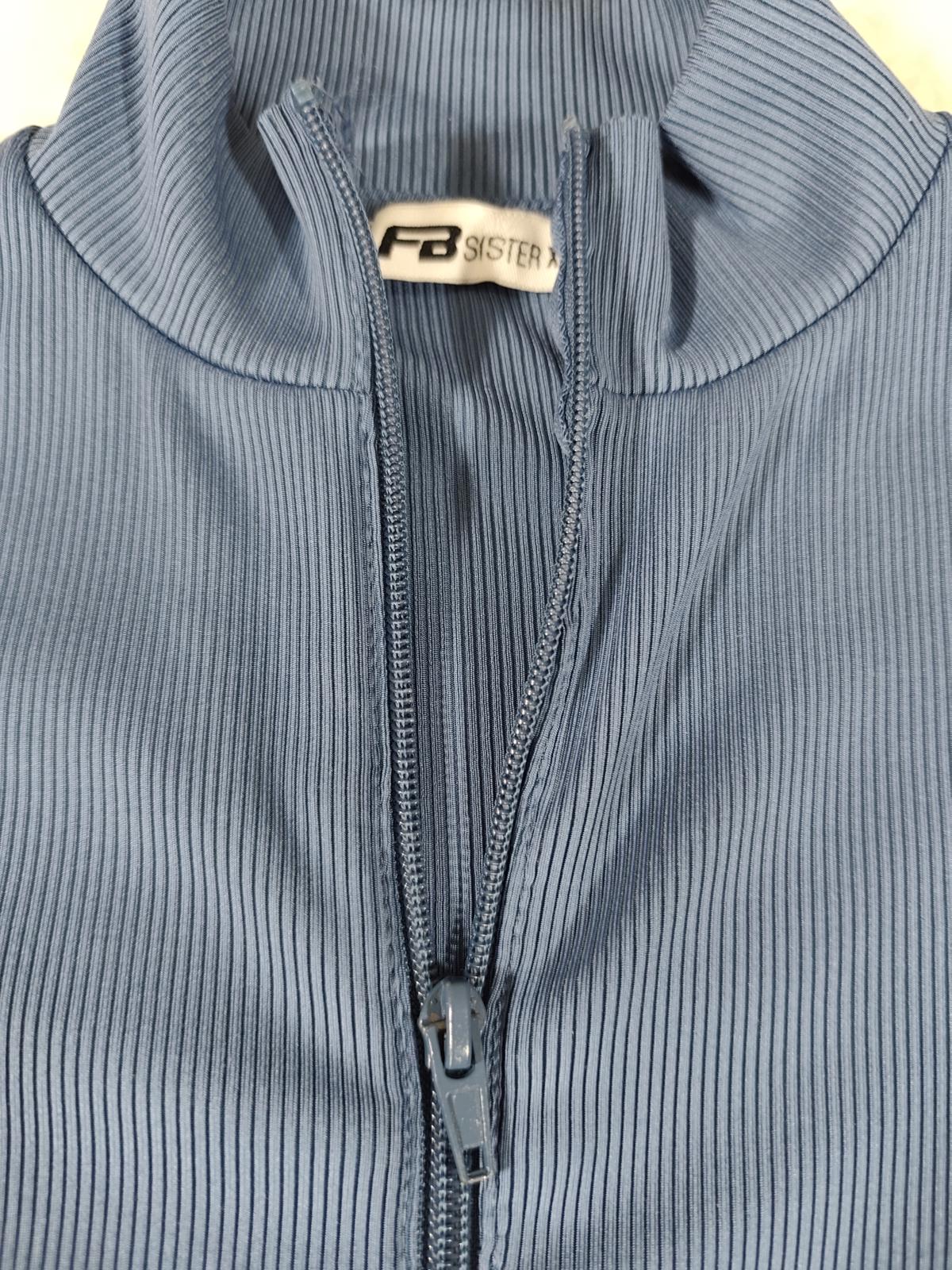 FB Sister Blue Ribbed Zip Crop Top Long Sleeve XXS