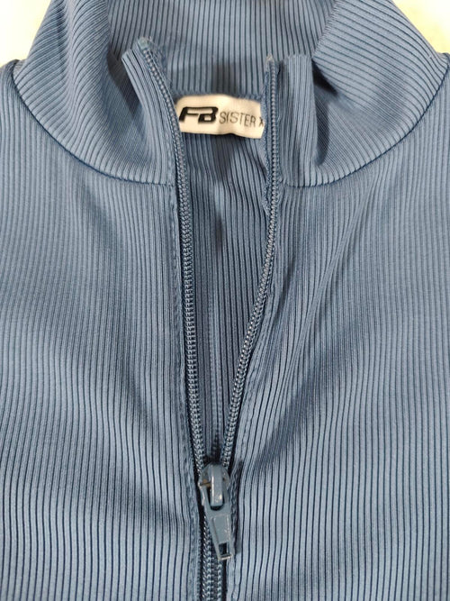 FB Sister Blue Ribbed Zip Crop Top Long Sleeve XXS